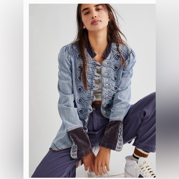 Free People Blue Jean Jacket with Black Accents - Picture 2 of 11